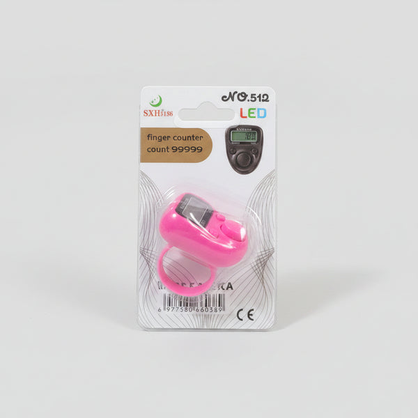 A hand holding a packaged pink LED finger counter. The product is in its original blister card packaging with a white background, featuring a small LCD display and the text 'eNO.